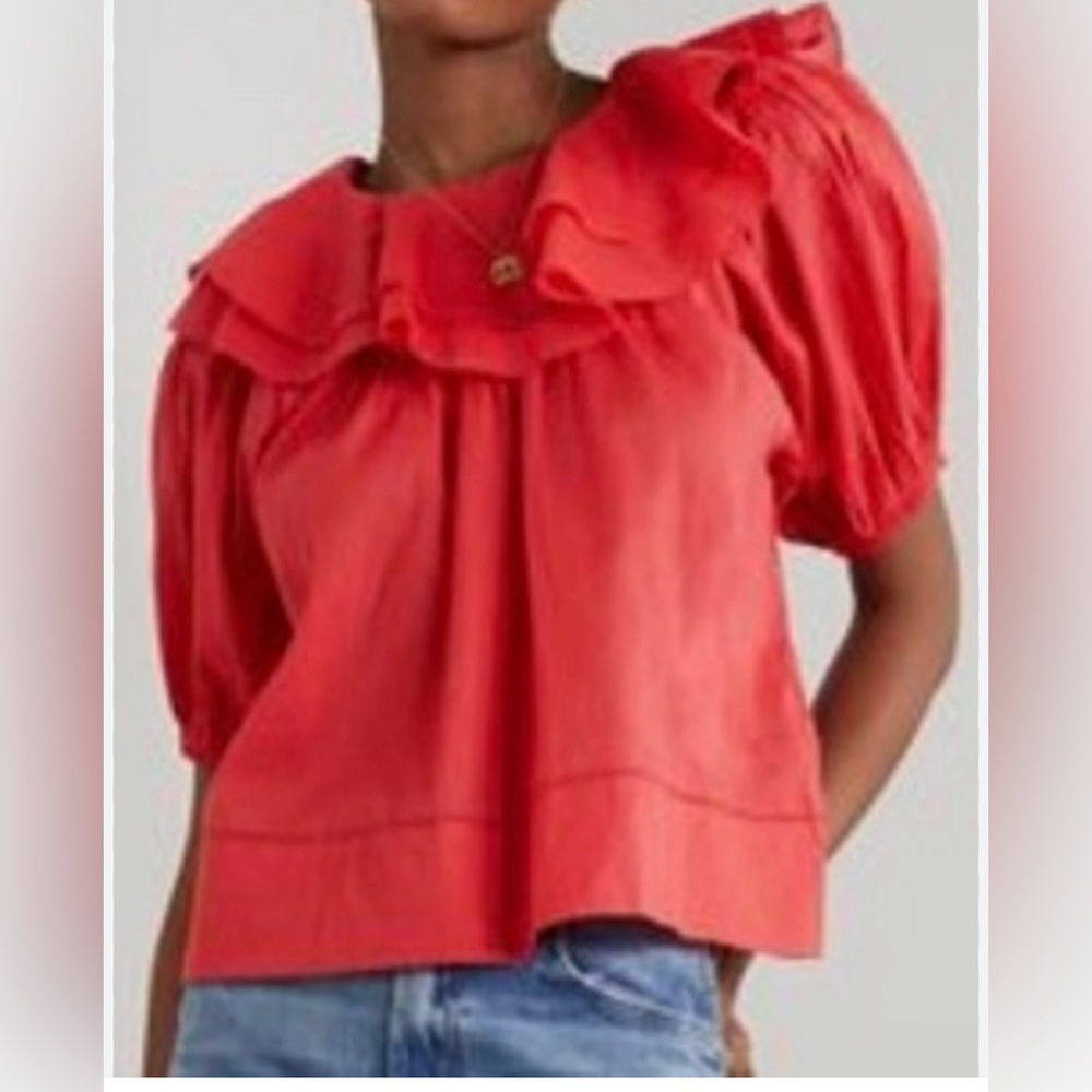THE GREAT. Red Ruffled Top
